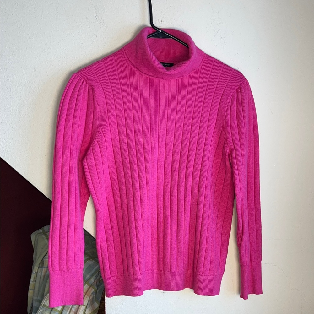 Talbots Fuchsia‎ Ribbed Puff Sleeve Turtleneck Sweater Lp